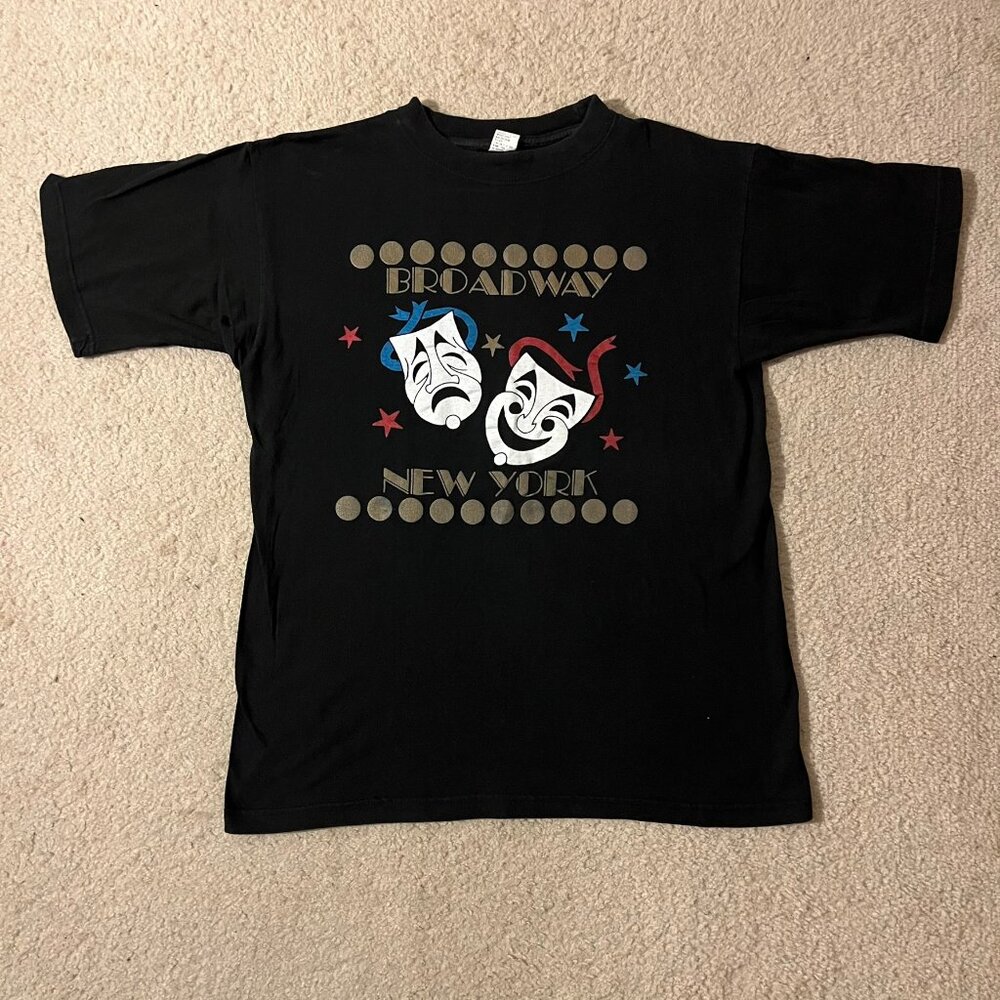 Vintage 90s Broadway New York Comedy Tragedy Theatre Masks Black Graphic T-shirt